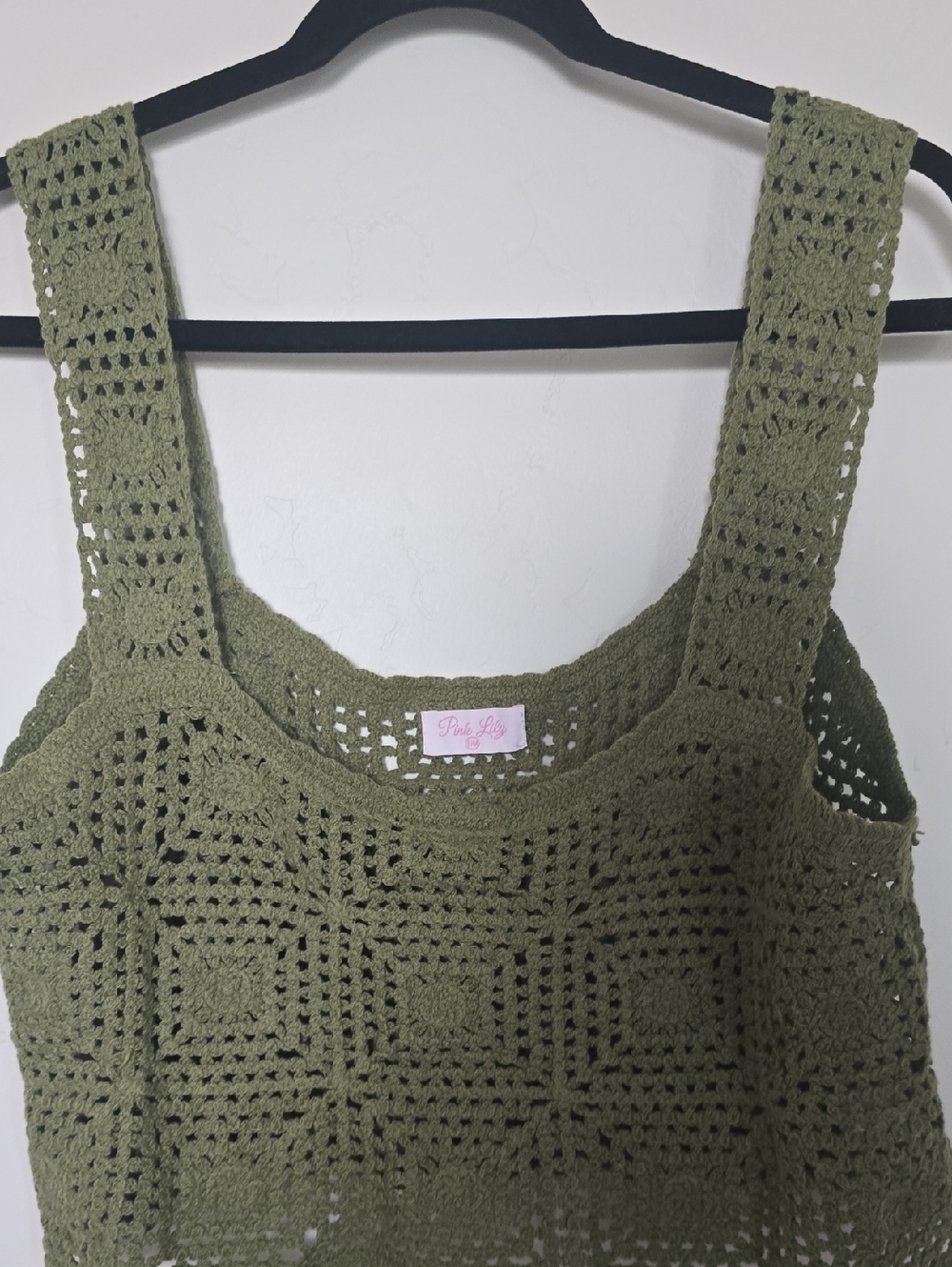 Pink Lily Olive Green Crochet Tank Top with Square Stitching
